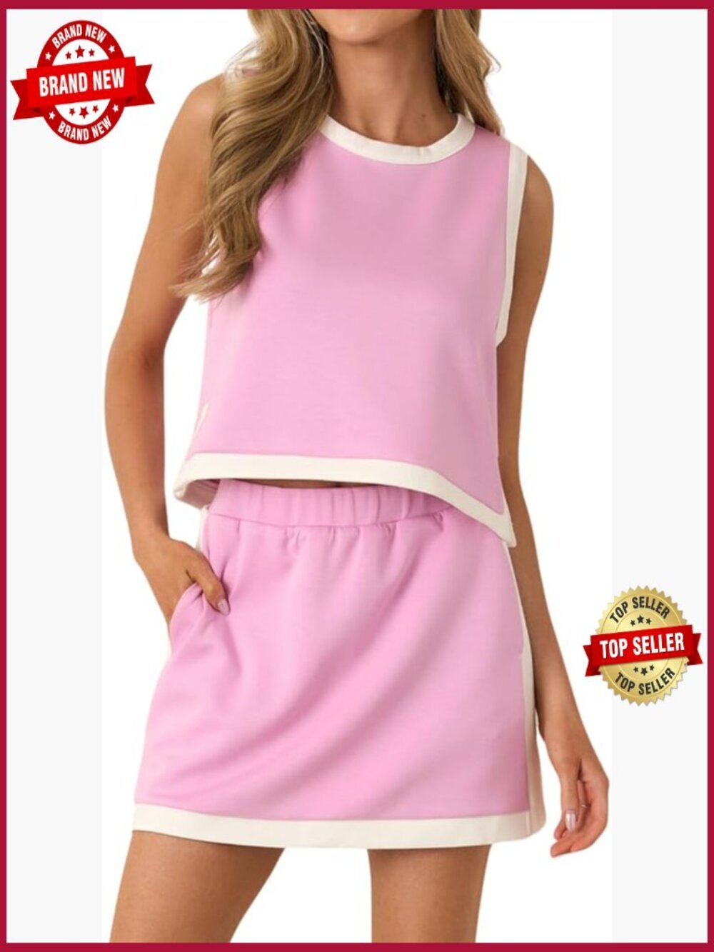 Color Block Skort Set Sleeveless Tank Top Mini Skirt 2 Piece Outfit Pockets